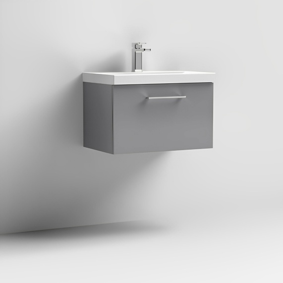 600mm Grey Wall Hung Vanity Unit with One Drawer, Nuie Arno - Choice of Basin Styles