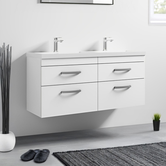 Nuie Athena Gloss White 1200 Wall Hung Vanity Unit with Double Basin and Four Drawers