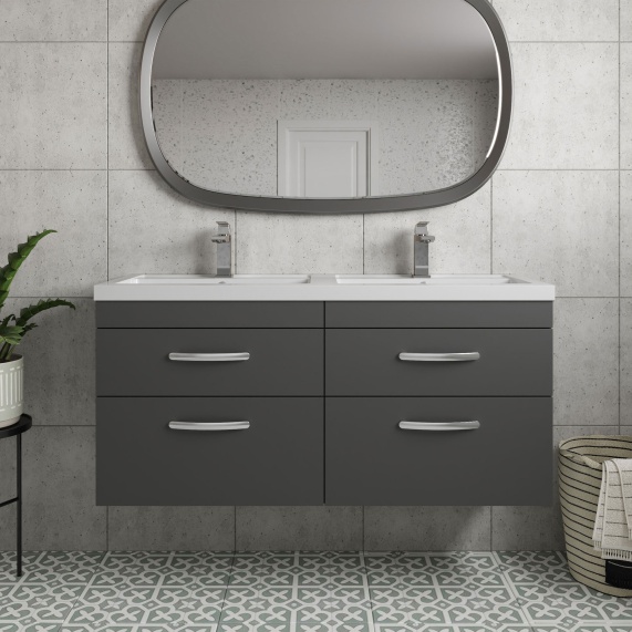 Nuie Athena Gloss Grey 1200 Wall Hung Vanity Drawer Unit with Double Basin
