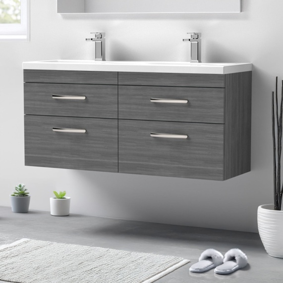 Nuie Athena Anthracite 1200 Wall Hung Vanity Unit with Double Basin and Four Drawers