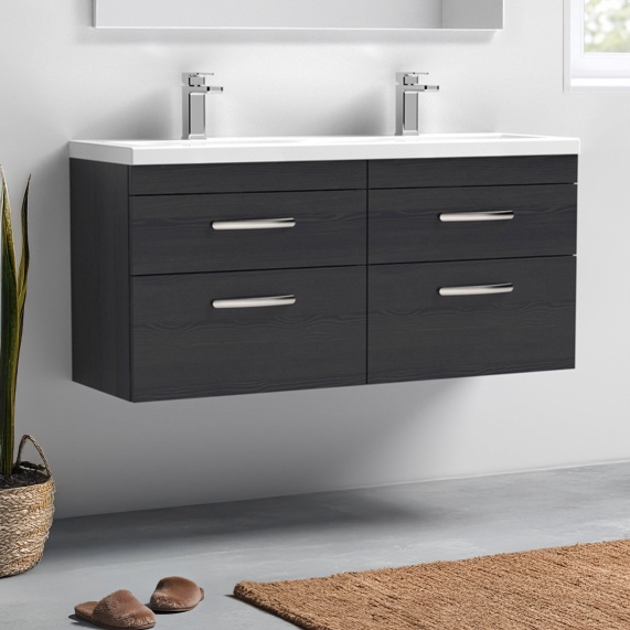 Nuie Athena Black 1200 Wall Hung Vanity Unit with Double Basin and Four Drawers
