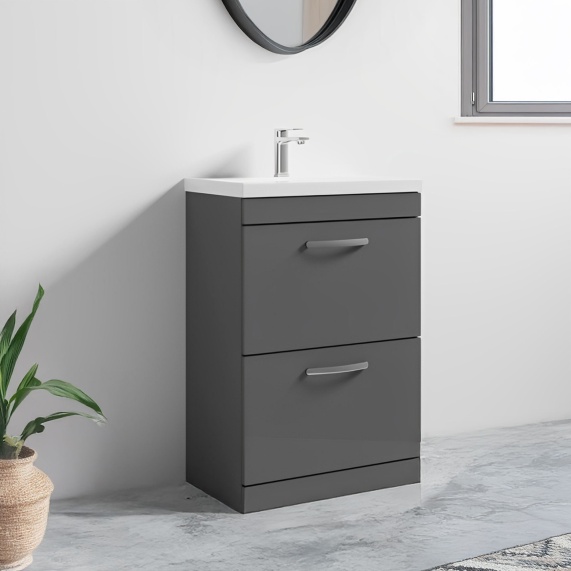 Nuie Athena Grey 600mm Floorstanding Vanity Sink Unit with Two Drawers