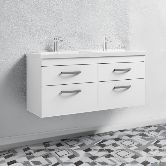 Nuie Athena Gloss White 1200 Wall hung Vanity Unit with Double Basin
