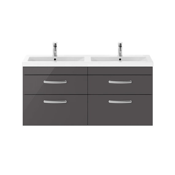 Nuie Athena Gloss Grey 1200mm Two Basin Wall Vanity Unit with Double Basin