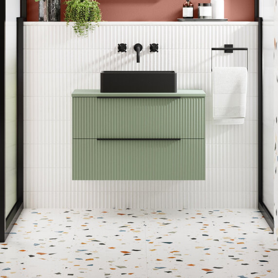 800mm - Green Wall Hung Vanity Unit by Hudson Reed (Black Basin)