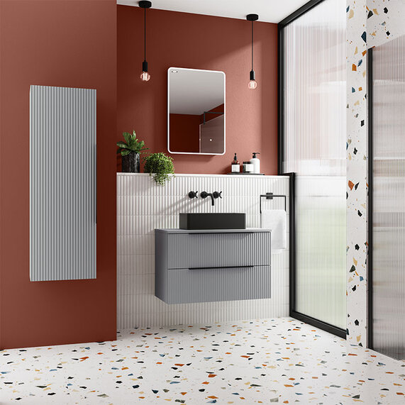 800mm Satin Grey Wall Hung Vanity Drawer Unit with Worktop & Basin, Hudson Reed Fluted - Optional Tall Unit