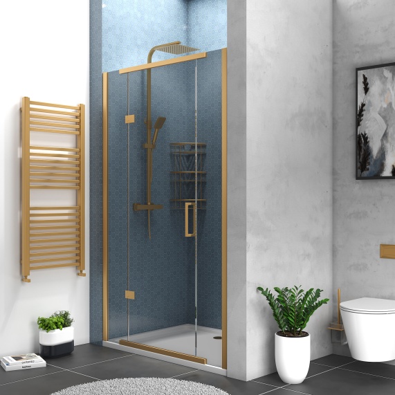 1200mm - Brushed Brass 8mm Smoked Glass Hinge Shower Enclosure with Inline Panel for Recess Installation - Havana