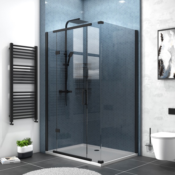 1200mm - Smoked Glass Hinged Shower Enclosure with Black Frames for Corner Installation - Havana