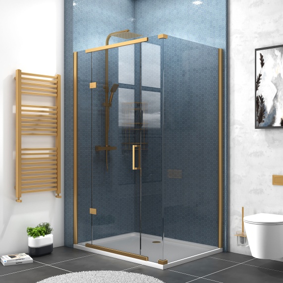 1200mm - Smoked Glass Hinged Shower Enclosure with Brushed Brass Frames for a Corner Installation - Havana