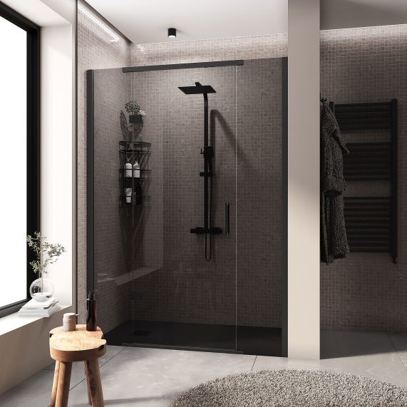 1400mm - Black Hinge Shower Enclosure with Smoked 8mm Glass and Inline Panel | Recess Installation - Havana