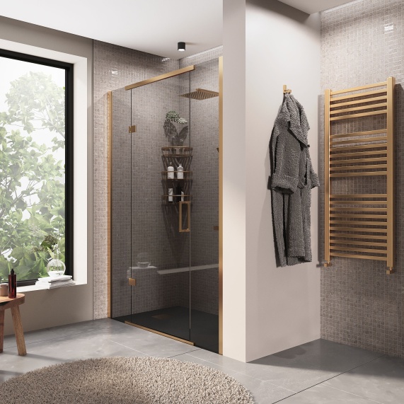 1400mm - Brushed Brass Hinge Shower Enclosure with Smoked 8mm Glass and Inline Panel | Recess Installation - Havana