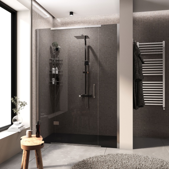 1400mm - Chrome Hinged Shower Enclosure with 8mm Smoked Glass and Inline Panel for Recess Installation - Havana