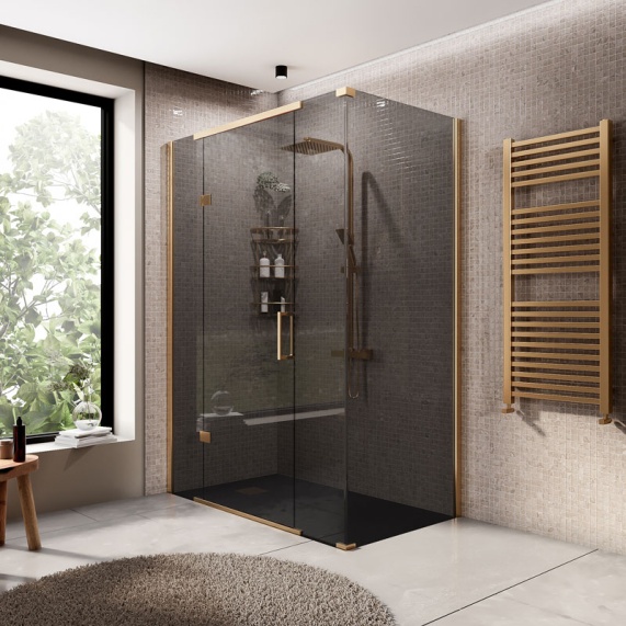 1400mm - Brushed Brass Hinged Shower Enclosure with Smoked Glass and Inline Panels | Corner Installation - Havana