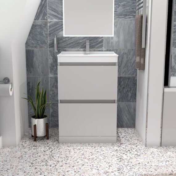 600mm Pearl Grey Sink Unit - Ashford Modern Design - Handleless, Two Drawers