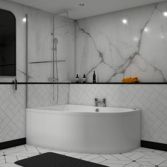 Clia Left Hand Offset 1500 x 1000 Small Corner Bath and Optional Panel, Cloud