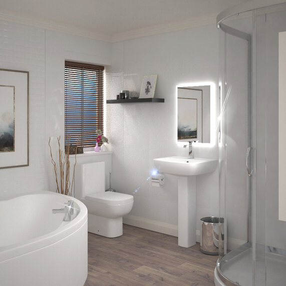 Laguna Small 1200 Corner Bath, Curved Panel and 800 Single Door Quadrant Shower Suite