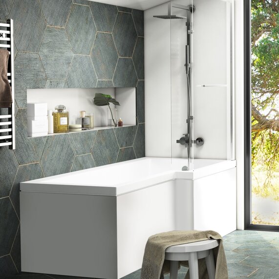 Patello 1700mm White L Shaped Shower Bath | Right Hand