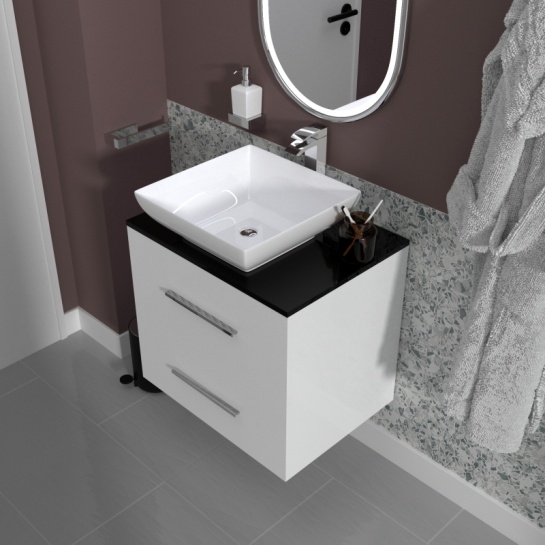 Sonix white 600 wall hung bathroom unit with grey glass top and basin Sonix white 600 wall hung bathroom unit with grey glass top and basin