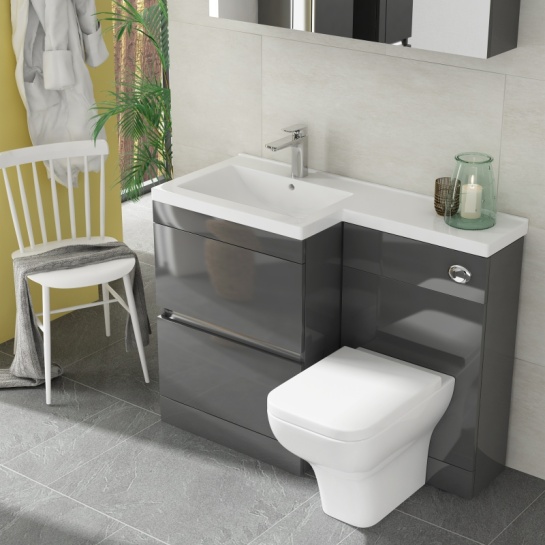 LARGE L SHAPED GREY COMBINATION VANITY UNIT AND BASIN WITH TOILET FROM PEMBERTON GREY L SHAPED COMBINATION VANITY UNIT WITH TOILET