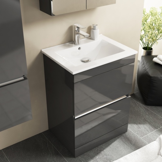 MODERN FREESTANDING HANDLESS GREY VANITY UNIT FROM PEMBERTON FREESTANDING HANDLESS VANITY UNIT AND BASIN
