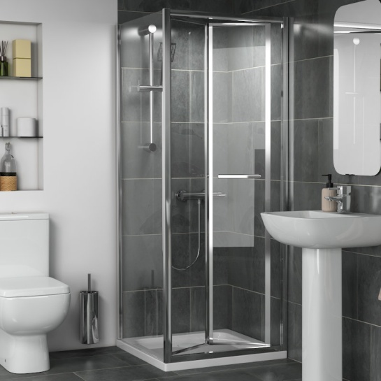 Radiant Standard Height Shower Door Bifold 760 Side Panel Product image for Radiant Deluxe Bifold 760mm Shower Enclosure Optional Tray and Side Panel 1900mm Height