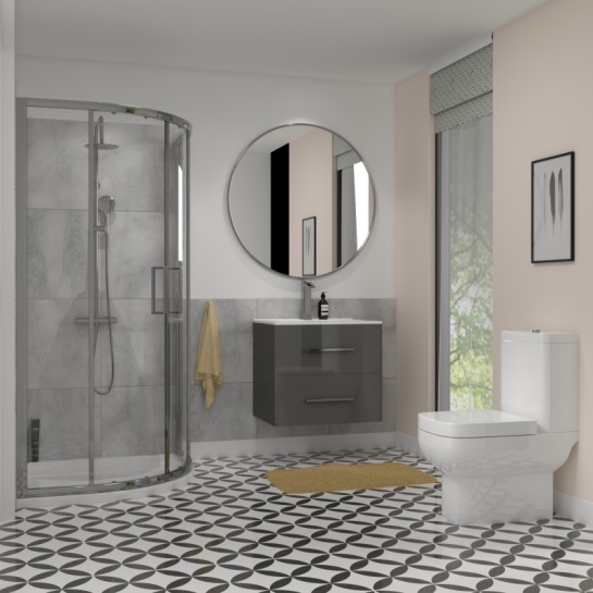 Grey Shower Suite with 600mm vanity unit and toilet Bathroom Shower Suite with grey vanity with 2 draws and toilet