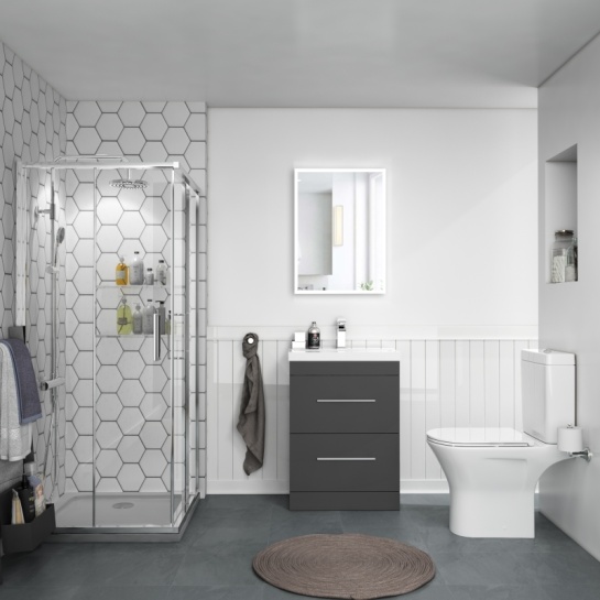 Bathroom Shower Suite with 600mm Vanity and Toilet Shower Suite with Grey Furniture