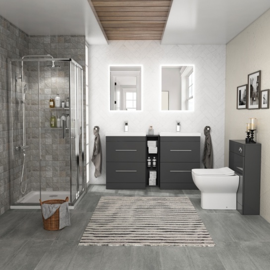 Bathroom Shower Suite with double vanity unit and toilet Grey Bathroom Shower Suite