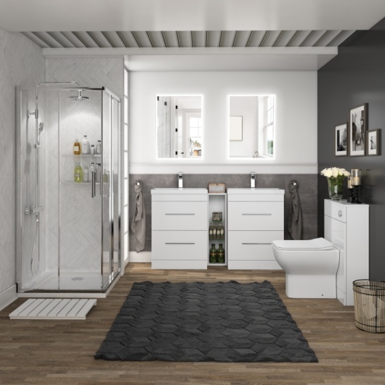 Bathroom Shower suite with double vanity unit and toilet in white Twin Vanity Unit with Shower and Toilet