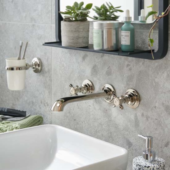 Axbridge Traditional Basin Tap Wall Mounted Mixer, Crosshead, Chrome or Nickel Finish Axbridge Traditional Basin Tap Wall Mounted Mixer, Crosshead, Chrome or Nickel Finish