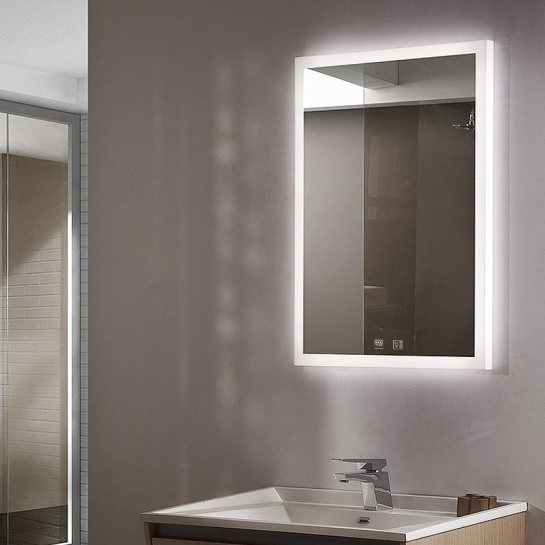Sycamore LED Bathroom Mirror Portrait Lifestyle Image Lifestyle image of Sycamore Illuminated Bathroom Mirror with adjustable lighting