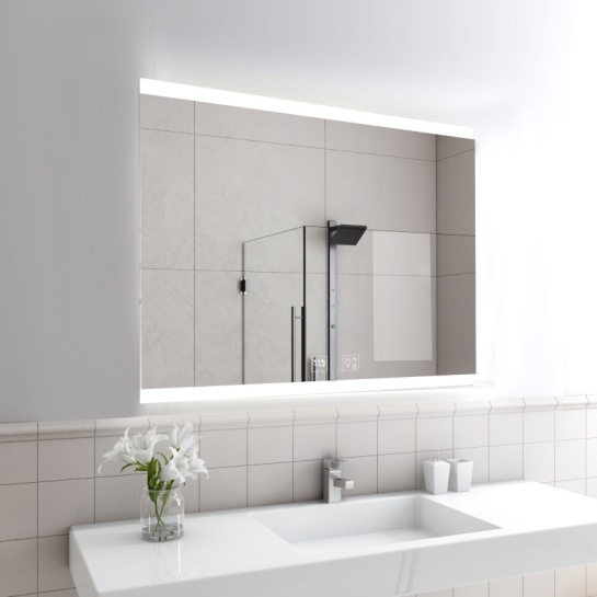 Sycamore LED Bathroom Mirror Landscape Lifestyle Image Lifestyle image of Sycamore Illuminated Bathroom Mirror with Bluetooth Speaker