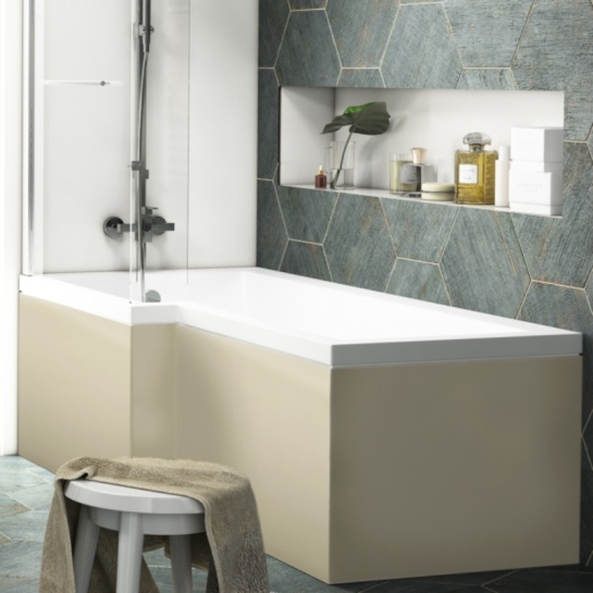 Gold L-shaped MDF Acrylic Bath Panel Lifestyle Side View of Pemberton Gold Shower Bath Showing High Quality MDF Panel