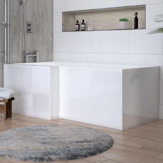 Gloss White Premium MDF Core L-shape Bath Panels Angled Side View of Acrylic White MDF High Quality Shower Bath Panels