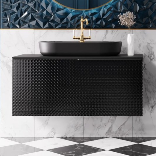 Frontline Glam Black Vanity Unit 900mm Gorgeous Lifestyle View of Sophisticated Glam Black Vanity Unit with Luxury Black Sink