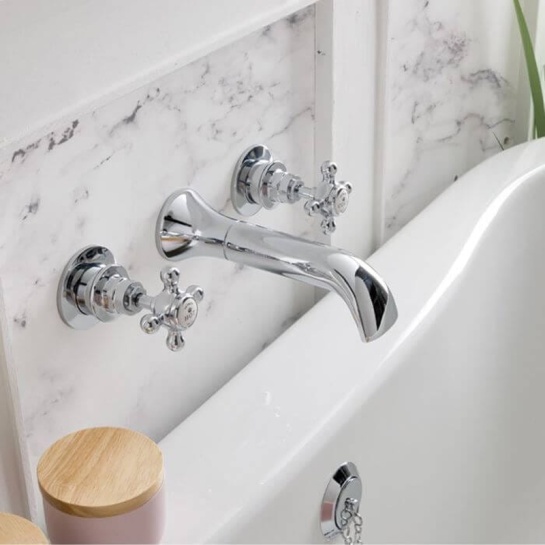 BC Designs victrion chrome crosshead three hole wall bath filler tap with spout BC Designs victrion chrome crosshead three hole wall bath filler tap with spout
