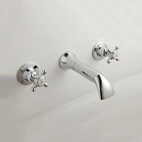BC Designs victrion chrome crosshead three hole wall basin filler tap with spout BC Designs victrion chrome crosshead three hole wall basin filler tap with spout