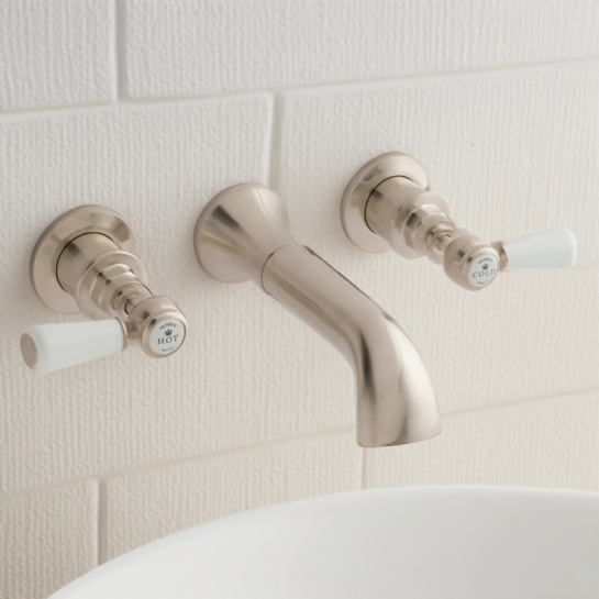 BC Designs victrion brushed nickel lever three hole wall basin filler tap with spout BC Designs victrion brushed nickel lever three hole wall basin filler tap with spout