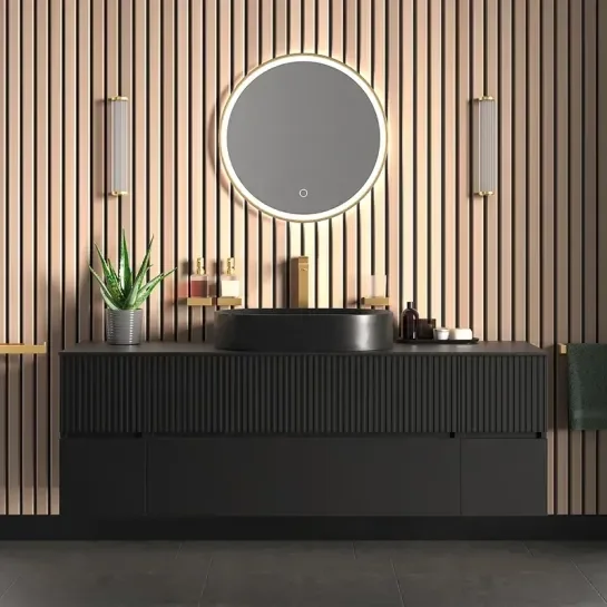 Jasmine 1600 Fluted Black Wall Vanity With Black Sink Two Side Units Product Image for 1600mm Black Wall Hung Vanity Unit with Countertop, Black Marble Sink & Two Side Units