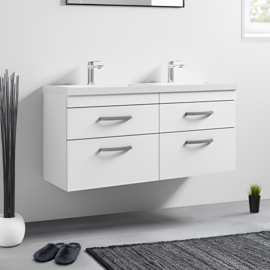 nuie athena gloss white 1200 wall hung double sink unit with four drawers nuie athena gloss white 1200 wall hung double sink unit with four drawers