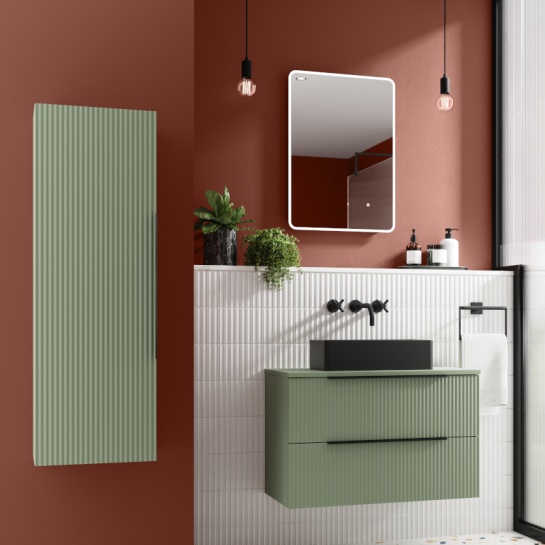 Hudson Reed Green 600mm Vanity Unit with Black Countertop Basin Room Scene Image for Hudson Reed Green 600mm Vanity Unit with Black Countertop Basin