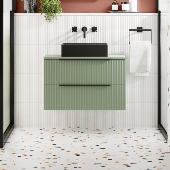 Hudson Reed Green 800mm Vanity Unit with Black Basin Main Room Scene Image for 800mm Green Vanity Unit with Black Sink from Hudson Reed