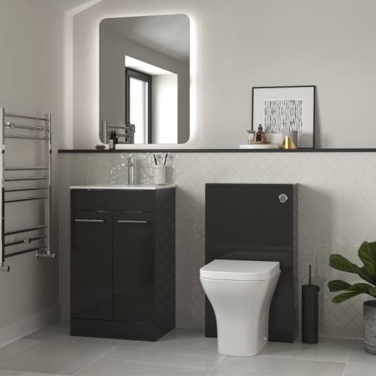 Vera 510mm Grey Vanity Unit and Back-to-Wall Toilet Unit with Chrome Fixtures Lifestyle Product Image for Vera 510mm Bathroom Furniture Pack with Grey Floorstanding Vanity and WC Unit
