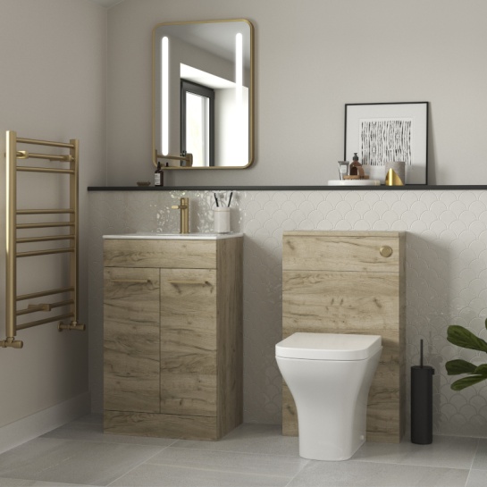 Vera 510mm Oak Floorstanding Vanity Unit with Back-to-wall Toilet Unit Lifestyle Product Image for Vera 510mm Bathroom Furniture Pack with Vanity and Toilet Unit