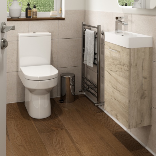 Vera 410mm Oak Vanity Unit Pack with Close-coupled Toilet Lifestyle Product Image with Vera 410mm Oak Vanity Unit with Back-to-wall Toilet Unit