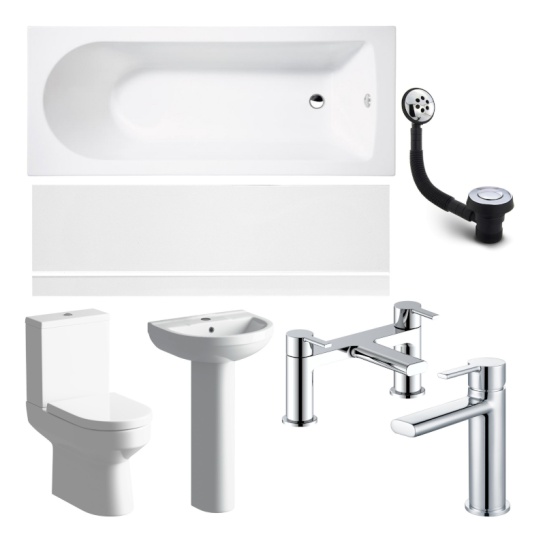 Aureus Complete Bathroom Suite with Vanity Bath and Toilet with Chrome Fixtures Lifestyle Product Images with Aureus Complete Bathroom Pack with Vanity Unit Bath and Toilet