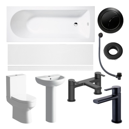 Aureus Bathroom Package with Vanity, Bath and Toilet with Black Fixtures Lifestyle Product Image for Aureus Bathroom Suite with Vanity, Bath and WC Toilet Unit