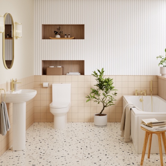 Aureus Complete Bathroom Suite with Vanity, Bath and Toilet with Gold Brushed Brass Fixtures Lifestyle Product Image for Aureus Complete Bath Suite with Gold Brushed Brass Finishes