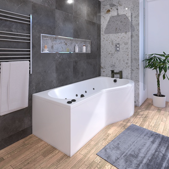 Ethan 1700 Right Hand P Shaped Bath Black Whirlpool Jets Ethan 1700 Right Hand P Shaped Bath Black Whirlpool Jets