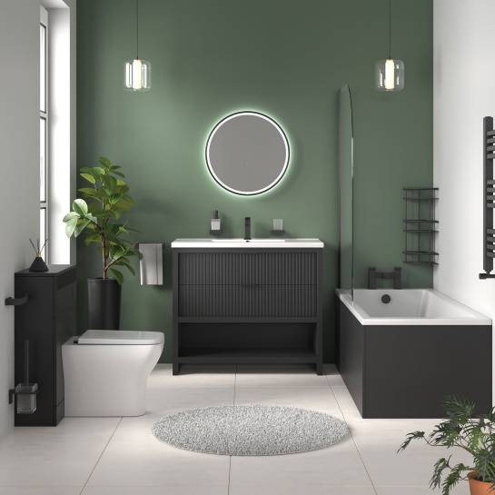 jasmine black 1000mm vanity unit with black handles, btw toilet unit and 1700 & 1800mm bath
